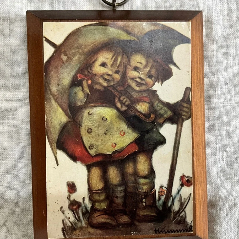 Vintage Hummel Wood Wall Plaques Set of 4 Children Umbrella Rabbits Crow Signed